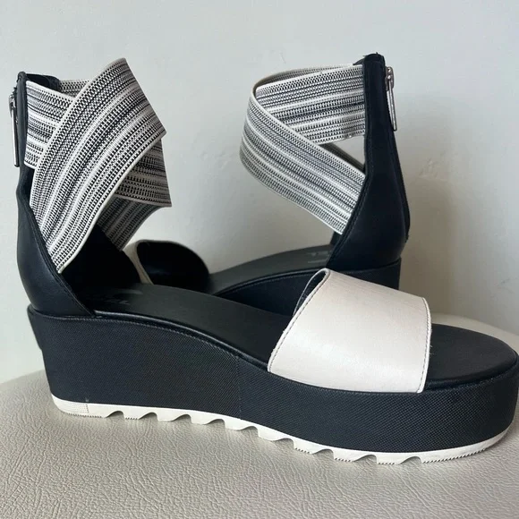 Sorel Cameron Black Leather Flatform Ankle Strap Wedge Sandal Size 9.5 - Picture 2 of 11